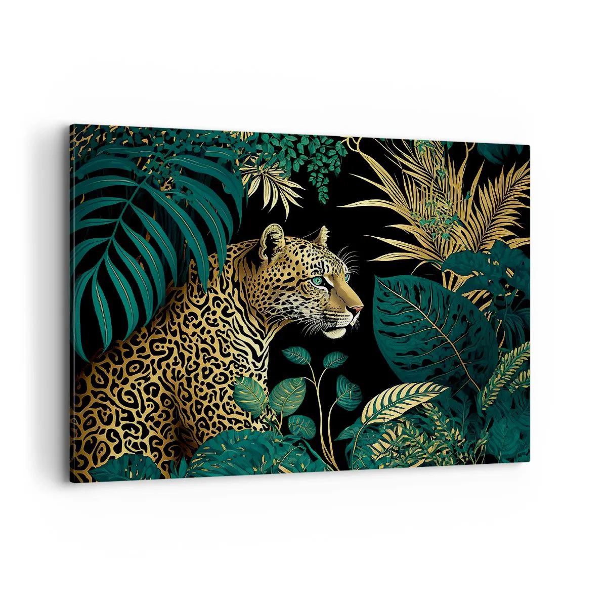 Bild auf Leinwand - Leinwandbild - Leopard in tropischen Blättern auf schwarzem Hintergrund - 100x70cm - Gastgeber im Dschungel - Moderne Wanddekoration für Wohnzimmer und Schlafzimmer ARTTOR