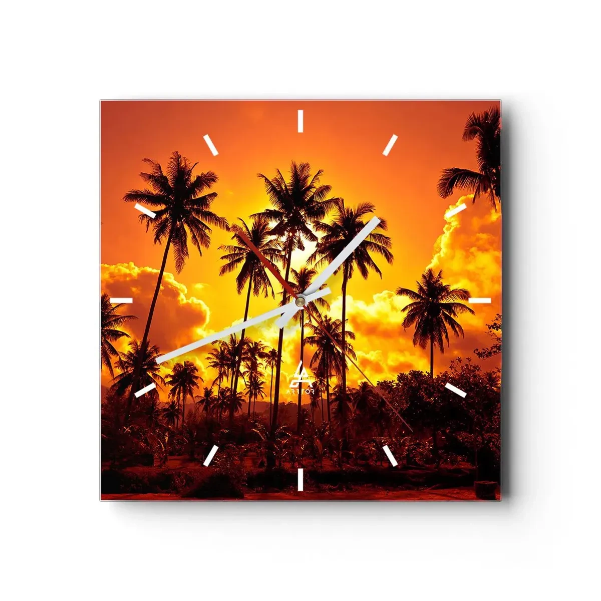 Wanduhr - Glasuhr - Palmen vor einem goldenen Himmel während eines tropischen Sonnenuntergangs - 30x30cm - Berge brennen, Wälder brennen - Moderne Wanddekoration für Wohnzimmer und Schlafzimmer ARTTOR