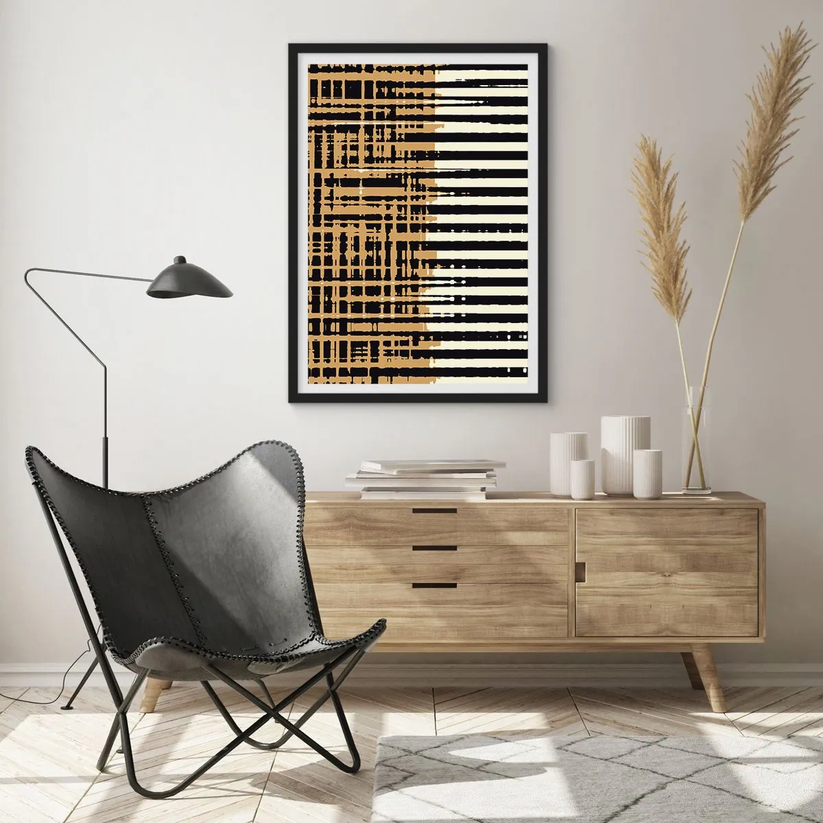 Poster in einem schwarzem Rahmen - Geometrisches Muster mit Linien und warmen Farben - 50x70cm - Architektonische Abstraktion - Moderne Wanddekoration für Wohnzimmer und Schlafzimmer ARTTOR