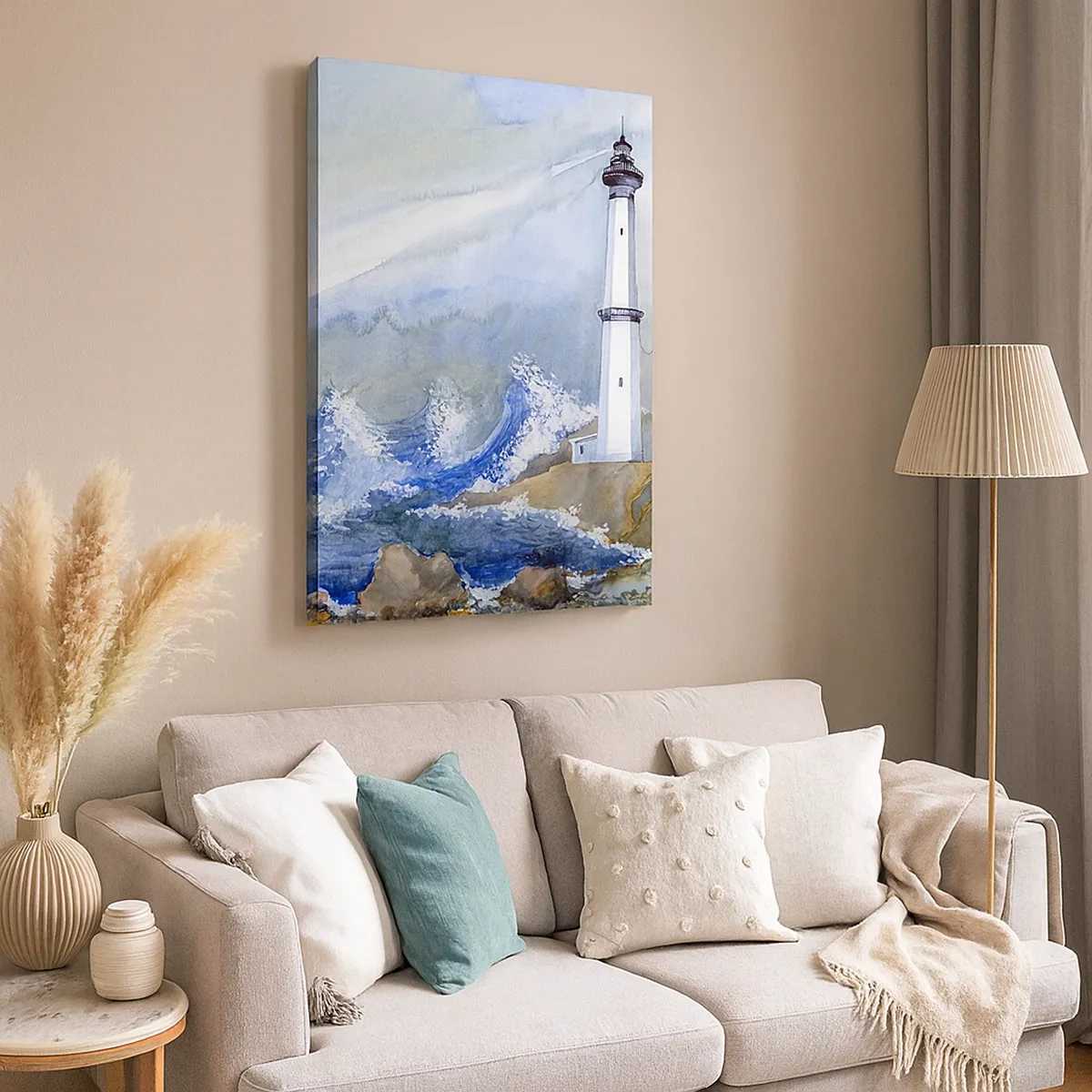 Bild auf Leinwand - Leinwandbild - Ein Leuchtturm an einer felsigen Küste mit rauer See - 50x70cm - Gegen die Dunkelheit und den Sturm - Moderne Wanddekoration für Wohnzimmer und Schlafzimmer ARTTOR