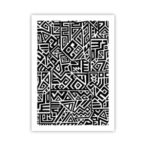 Poster - Schwarz-weißes geometrisches Muster im künstlerischen Stil - 50x70cm - Präkolumbianische Komposition - Moderne Wanddekoration für Wohnzimmer und Schlafzimmer ARTTOR