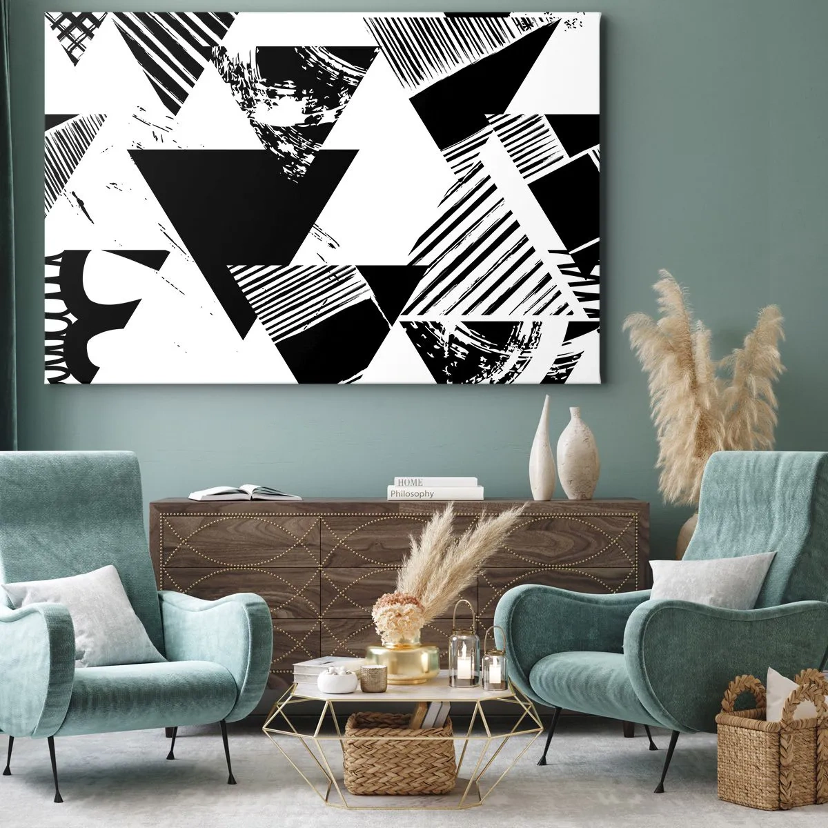 Bild auf Leinwand - Leinwandbild - Geometrische Muster in minimalistischer Schwarz-Weiß-Form - 120x80cm - Regen von Dreiecken - Moderne Wanddekoration für Wohnzimmer und Schlafzimmer ARTTOR