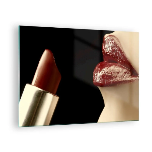 Glasbild - Bild auf glas - Sinnliche Lippen mit karminrotem Lippenstift auf dunklem Hintergrund - 70x50cm - Sinnlichkeit und Brillanz von Karmin - Moderne Wanddekoration für Wohnzimmer und Schlafzimmer ARTTOR
