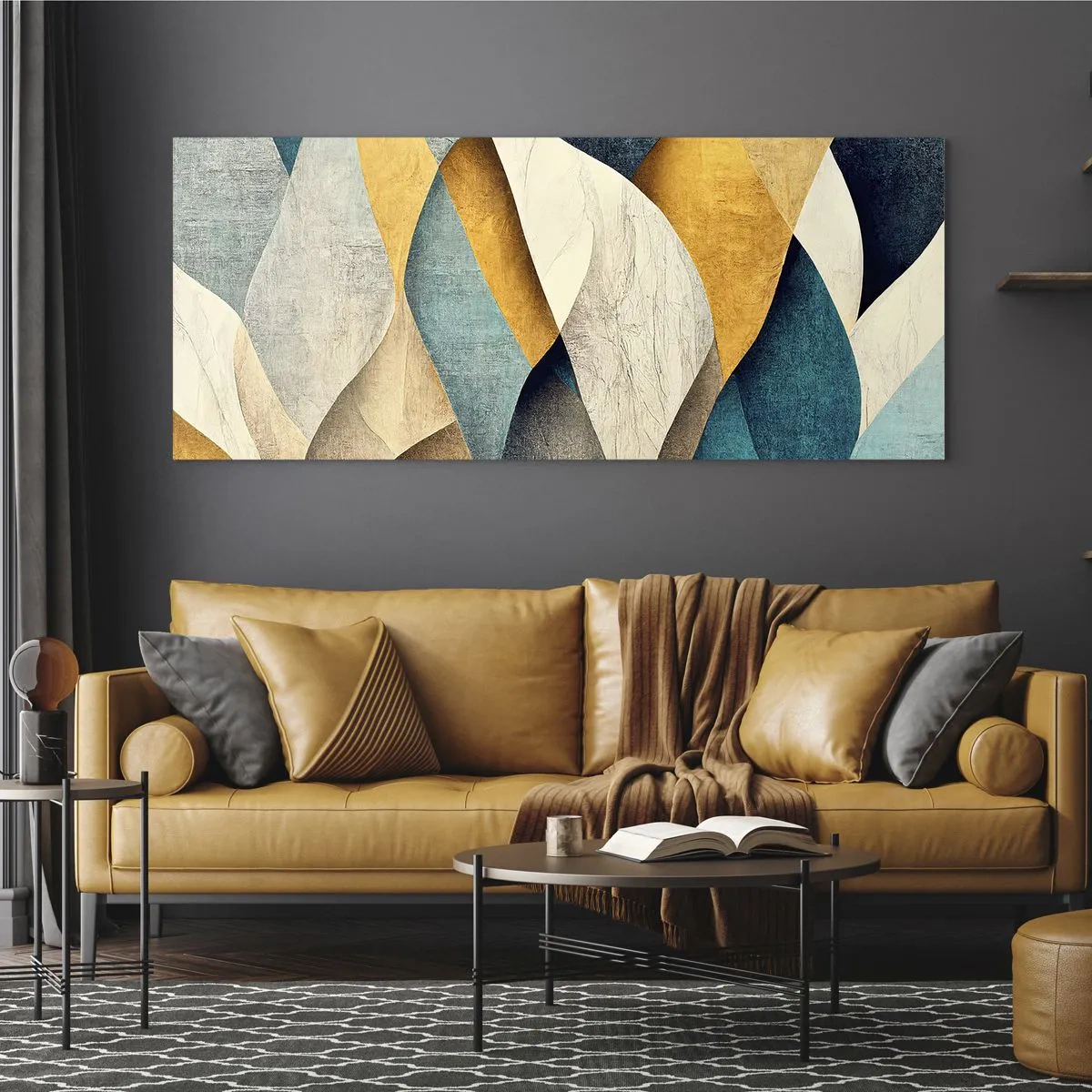 Glasbild - Bild auf glas - Abstrakte Wellen in Blau- und Goldtönen - 120x50cm - Rhythmus und Welle - Moderne Wanddekoration für Wohnzimmer und Schlafzimmer ARTTOR