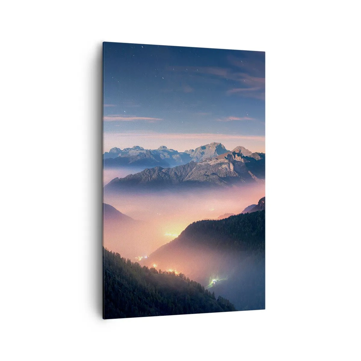 Bild auf Leinwand - Leinwandbild - Eine Berglandschaft mit einem nebelverhangenen Tal - 80x120cm - Licht in den Tälern - Moderne Wanddekoration für Wohnzimmer und Schlafzimmer ARTTOR