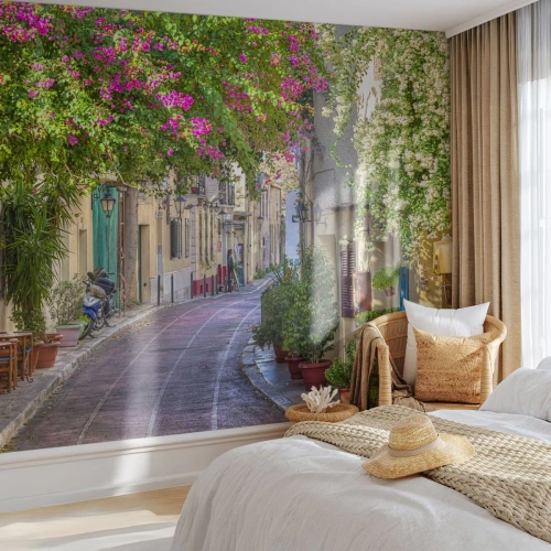 Fototapete Premium Sand - Blühende Gasse - Die Architektur, Griechenland, Stadt - 500x350 cm