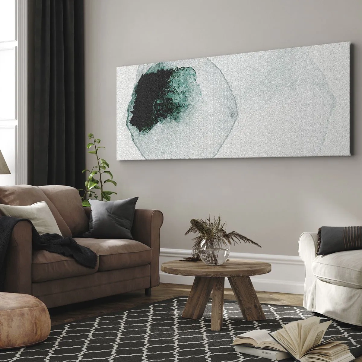 Bild auf Leinwand - Leinwandbild - Abstrakter Wassertropfen mit Grün- und Schwarztönen - 140x50cm - In einem Tropfen Wasser - Moderne Wanddekoration für Wohnzimmer und Schlafzimmer ARTTOR