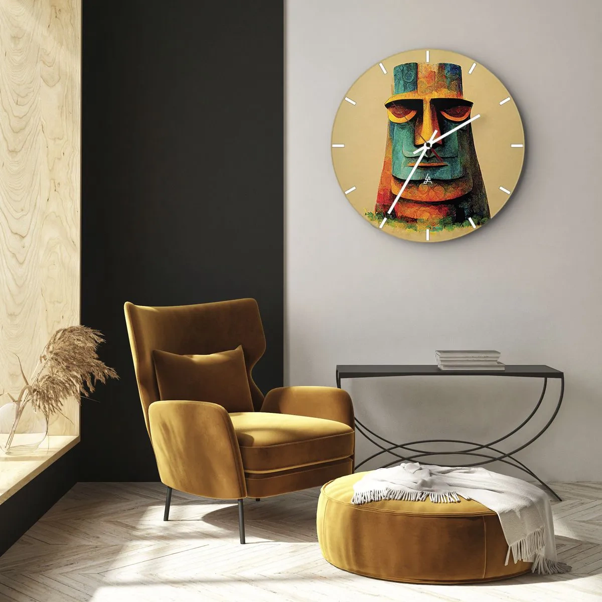 Wanduhr - Glasuhr - Farbenfrohes Porträt einer Steinstatue auf beigem Hintergrund - 30x30cm - Statuenhaft und sympathisch - Moderne Wanddekoration für Wohnzimmer, Küche und Schlafzimmer ARTTOR