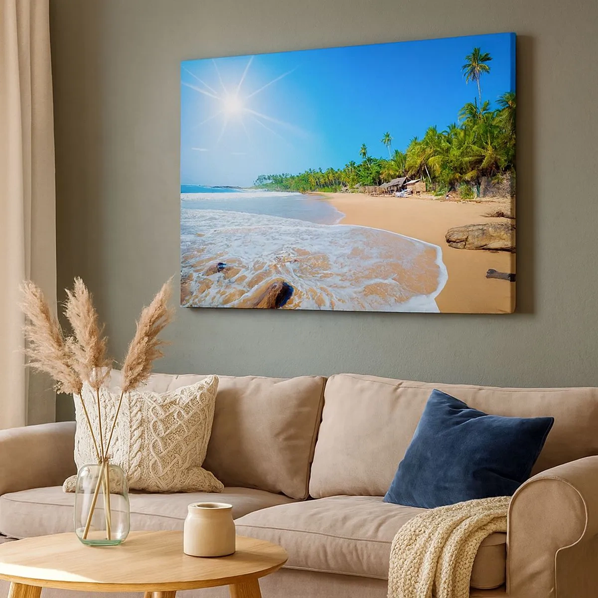 Bild auf Leinwand - Leinwandbild - Tropischer Strand mit Palmen und blauem Himmel - 70x50cm - Ein exotischer Ort für dich - Moderne Wanddekoration für Wohnzimmer und Schlafzimmer ARTTOR