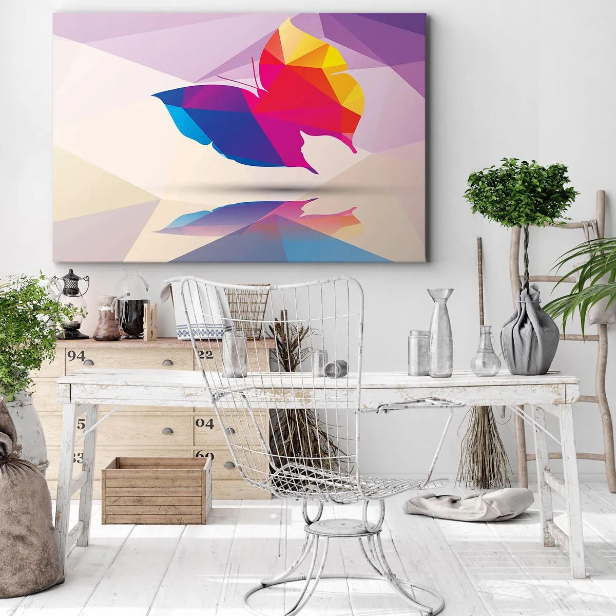 Bild auf Leinwand - Leinwandbild - Geometrische Schmetterlingssilhouette in leuchtenden Farben - 100x70cm - Regenbogenschmetterling - Moderne Wanddekoration für Wohnzimmer und Schlafzimmer ARTTOR