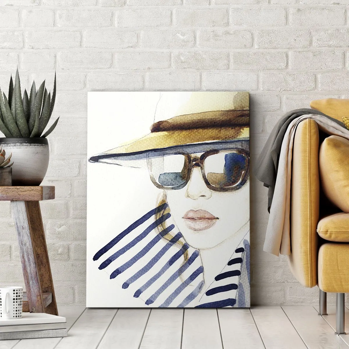 Bild auf Leinwand - Leinwandbild - Porträt einer Frau mit Hut und Sonnenbrille - 70x100cm - Florida heißt Sie willkommen! - Moderne Wanddekoration für Wohnzimmer und Schlafzimmer ARTTOR