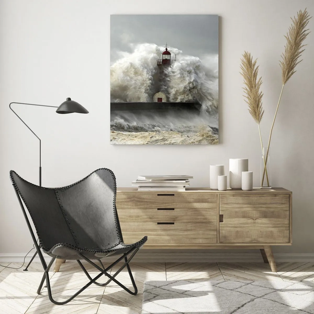 Glasbild - Bild auf glas - Ein Leuchtturm, umgeben von mächtigen Wellen - 50x70cm - Die Wut des Ozeans - Moderne Wanddekoration für Wohnzimmer und Schlafzimmer ARTTOR