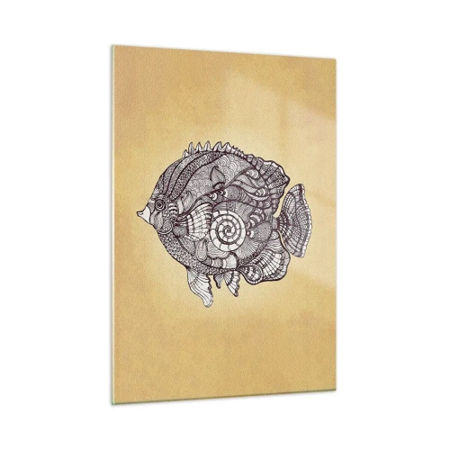 Glasbild - Bild auf glas - Ein Cartoon-Fisch mit Ornamenten auf beigem Hintergrund - 50x70cm - Aus dem Ozean der Ornamente - Moderne Wanddekoration für Wohnzimmer und Schlafzimmer ARTTOR