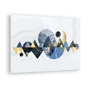 Glasbild - Bild auf glas - Abstrakte geometrische Figuren in Marineblau- und Goldtönen - 70x50cm - Geometrische Landschaft - Moderne Wanddekoration für Wohnzimmer und Schlafzimmer ARTTOR