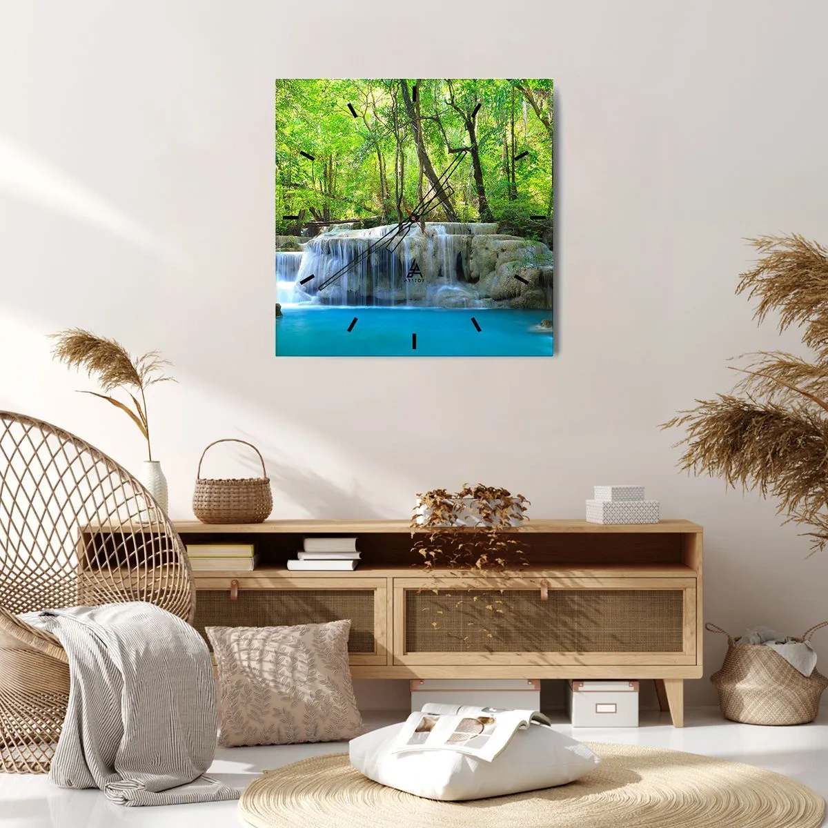Wanduhr - Glasuhr - Ein Wasserfall zwischen grünen Bäumen mit blauem Wasser in einer natürlichen Umgebung - 30x30cm - In Türkis und Grün ertrinken - Moderne Wanddekoration für Wohnzimmer und Schlafzimmer ARTTOR
