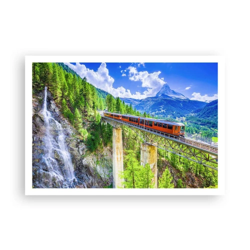 Poster - Eine Achterbahn auf einer Brücke mit Blick auf einen Wasserfall und Berge - 100x70cm - Jetzt sind Alpen dran - Moderne Wanddekoration für Wohnzimmer und Schlafzimmer ARTTOR