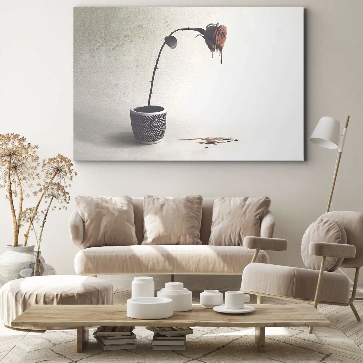 Bild auf Leinwand - Leinwandbild - Eine rote Rose in einem Topf mit Farbtropfen auf weißem Hintergrund - 120x80cm - Rosa dolorosa - Moderne Wanddekoration für Wohnzimmer und Schlafzimmer ARTTOR