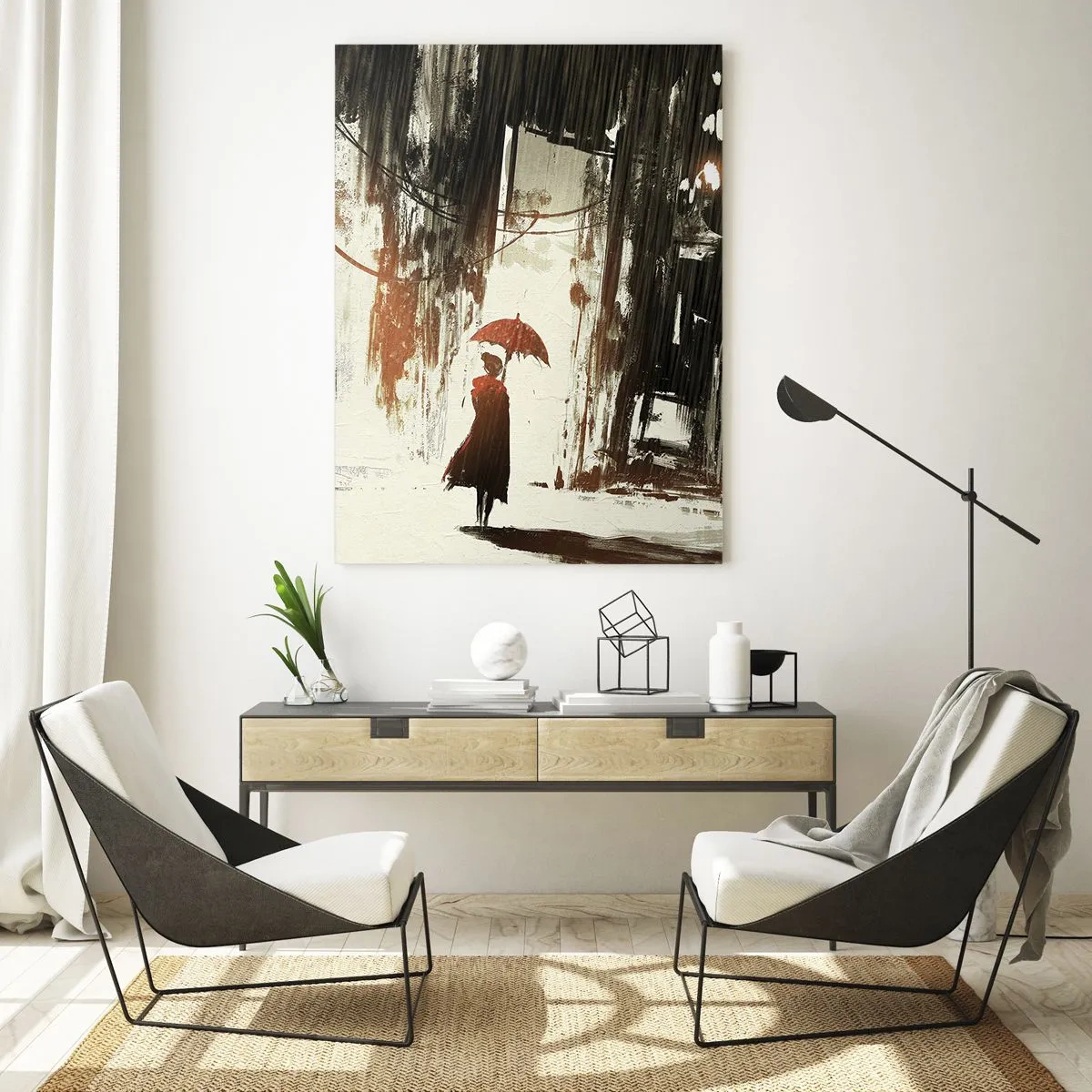 Glasbild - Bild auf glas - Eine Person mit einem roten Regenschirm im Regen vor einem dunklen Stadthintergrund. - 50x70cm - Die Poesie des roten Regenschirms - Moderne Wanddekoration für Wohnzimmer und Schlafzimmer ARTTOR