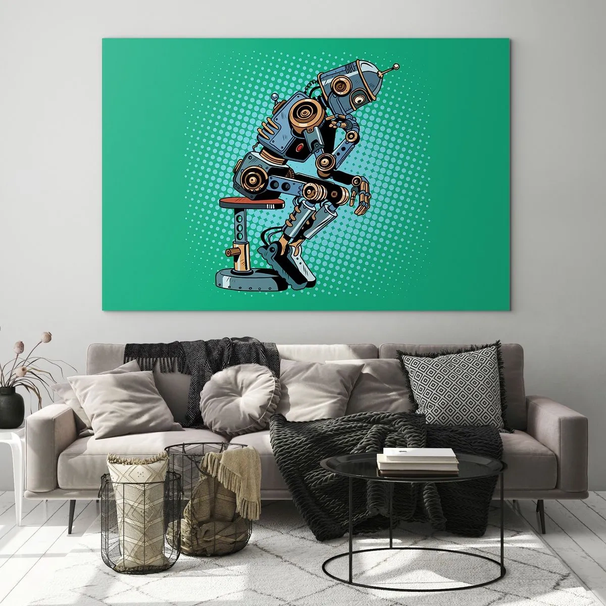 Glasbild - Bild auf glas - Ein Roboterdenker vor einem grünen Pop-Art-Musterhintergrund. - 120x80cm - Über der Essenz des Seins - Moderne Wanddekoration für Wohnzimmer und Schlafzimmer ARTTOR