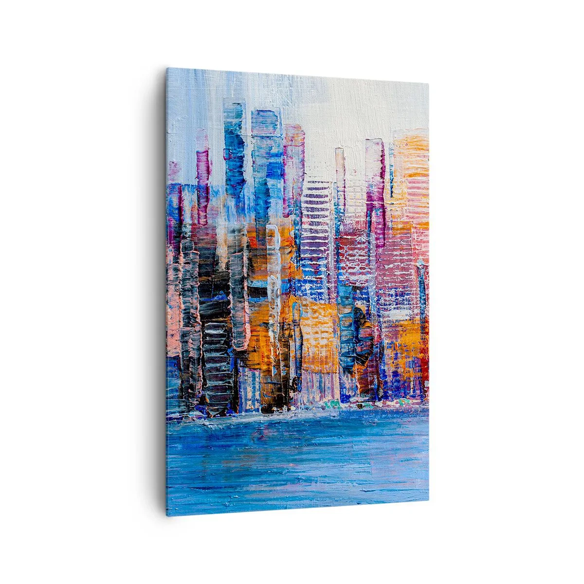 Bild auf Leinwand - Leinwandbild - Ein farbenfrohes Panorama der Stadt mit Spiegelungen auf dem Wasser - 80x120cm - Fröhliche Metropole - Moderne Wanddekoration für Wohnzimmer und Schlafzimmer ARTTOR