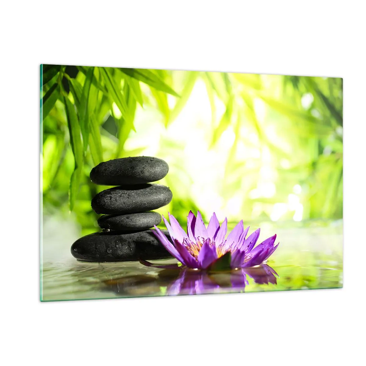 Glasbild - Bild auf glas - Lila Lotusblüte mit Zen-Steinen auf grünem Hintergrund - 120x80cm - In einem Bambusbusch - Moderne Wanddekoration für Wohnzimmer und Schlafzimmer ARTTOR