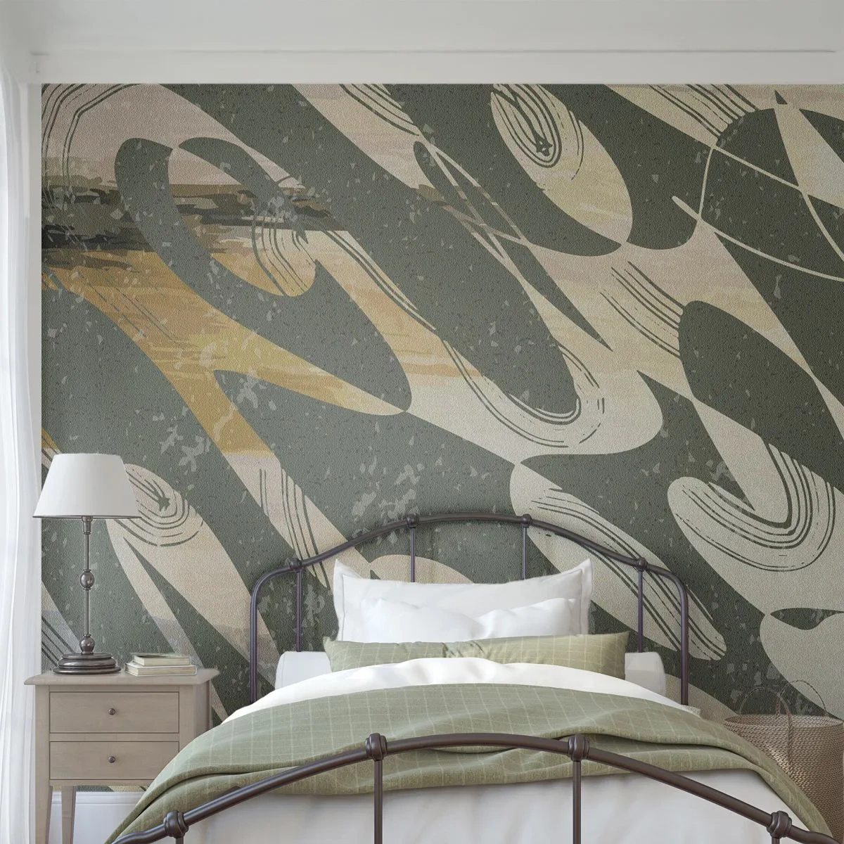 Fototapete Premium Canvas - Dynamische Formen in Grün- und Goldtönen - 100x70cm - Rhythmische Abstraktion - Moderne Wanddekoration für Wohnzimmer und Schlafzimmer ARTTOR