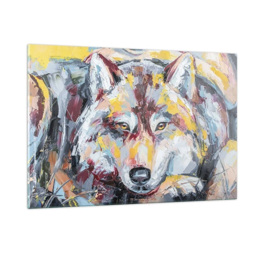 Glasbild - Bild auf glas - Farbenfrohes Wolfsportrait im expressionistischen Stil - 120x80cm - Seelenfrieden unter den Lieben - Moderne Wanddekoration für Wohnzimmer und Schlafzimmer ARTTOR