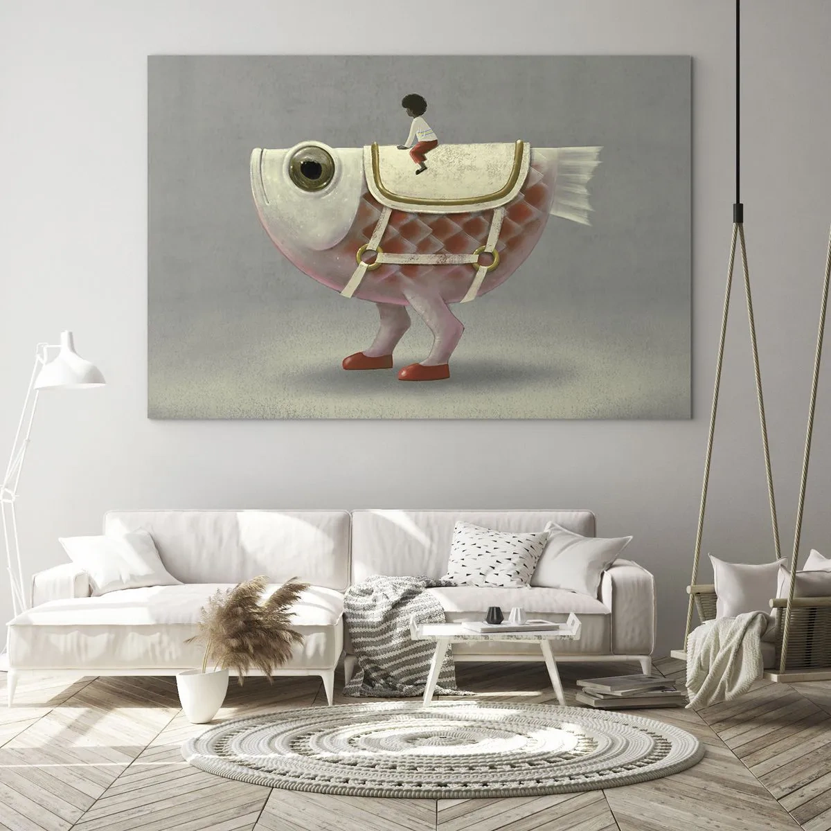 Glasbild - Bild auf glas - Eine Figur, die auf einem rosa Fisch mit Beinen und Sattel reitet - 70x50cm - Reiter auf einem surrealen Fisch - Moderne Wanddekoration für Wohnzimmer und Schlafzimmer ARTTOR