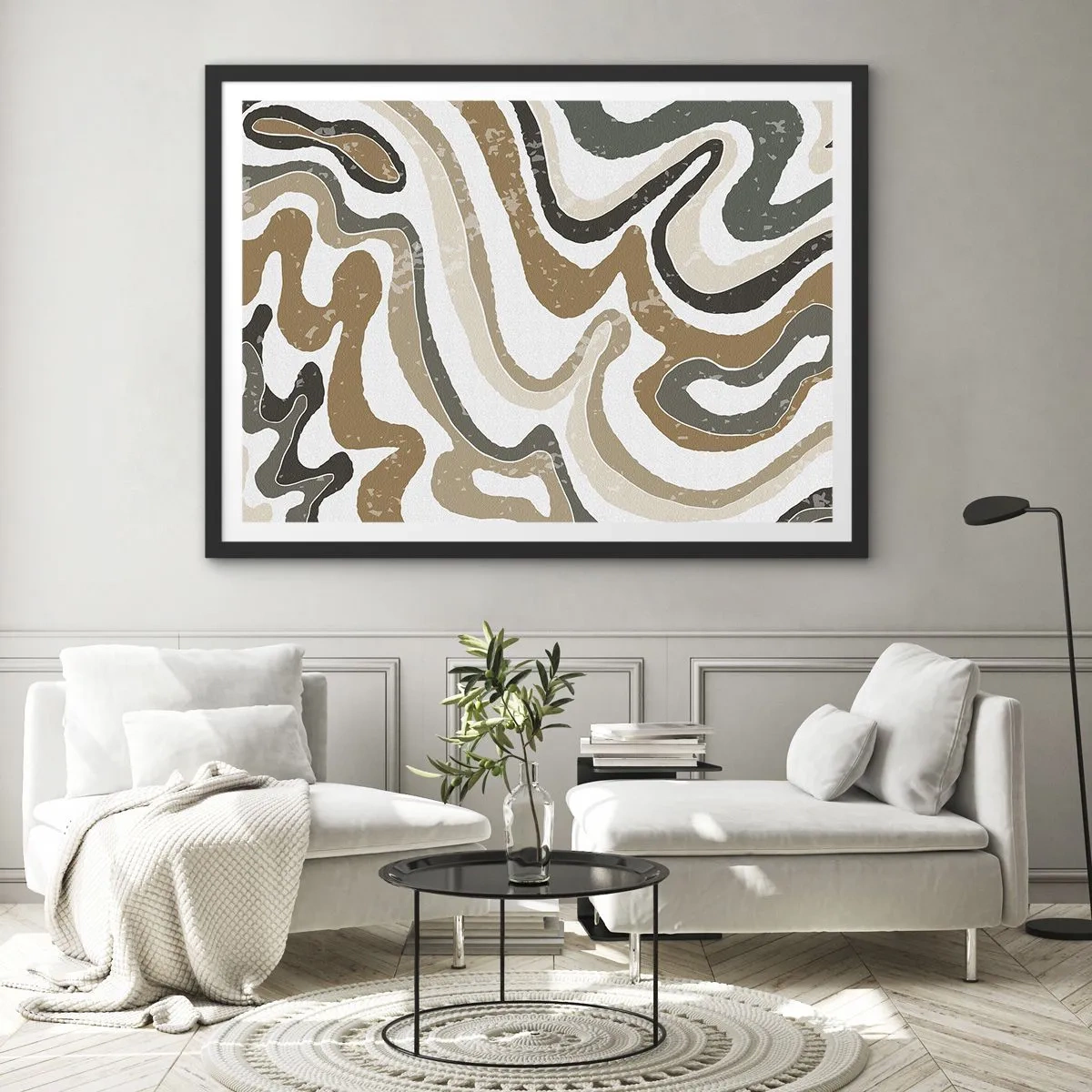 Poster in einem schwarzem Rahmen - Erdige Muster in Braun- und Grüntönen - 70x50cm - Mäander in Erdfarben - Moderne Wanddekoration für Wohnzimmer und Schlafzimmer ARTTOR