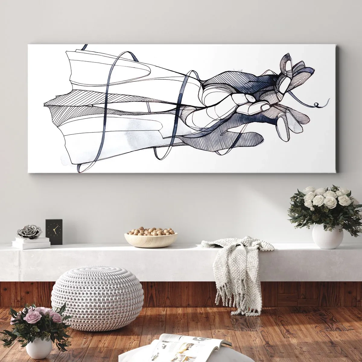 Bild auf Leinwand - Leinwandbild - Eine subtile Zeichnung einer Hand mit einer zarten Blume - 160x50cm - Touch-Studie - Moderne Wanddekoration für Wohnzimmer und Schlafzimmer ARTTOR