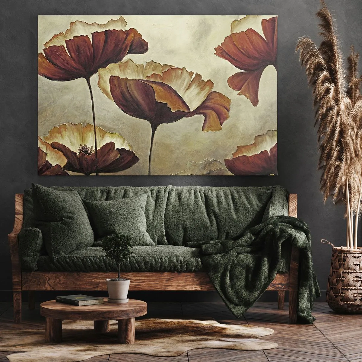 Bild auf Leinwand - Leinwandbild - Dezente Blumen in Rot- und Goldtönen auf hellem Untergrund - 70x50cm - Weideland - Moderne Wanddekoration für Wohnzimmer und Schlafzimmer ARTTOR
