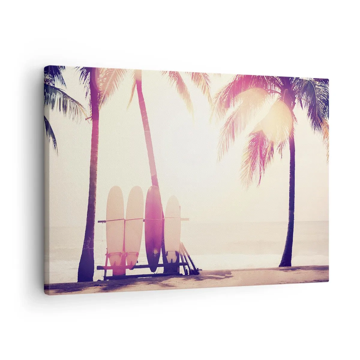 Bild auf Leinwand - Leinwandbild - Palmen und Surfbretter am Strand im Sonnenschein - 70x50cm - Es wird ein toller Tag - Moderne Wanddekoration für Wohnzimmer und Schlafzimmer ARTTOR