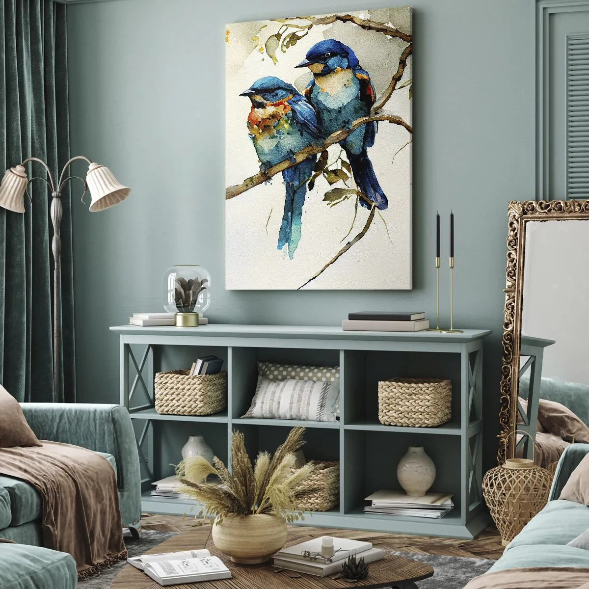 Bild auf Leinwand - Leinwandbild - Drei bunte Vögel auf einem Ast im Aquarellstil - 50x70cm - War er beleidigt? - Moderne Wanddekoration für Wohnzimmer und Schlafzimmer ARTTOR