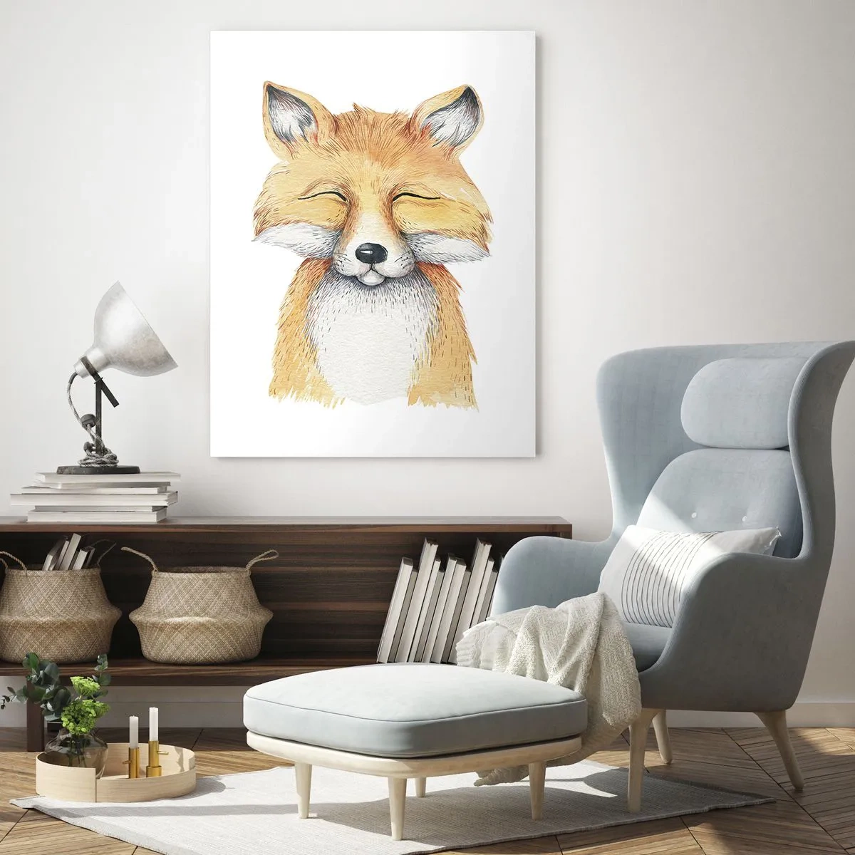 Glasbild - Bild auf glas - Ein Aquarellfuchs mit einem Lächeln im minimalistischen Stil - 80x120cm - Fuchsstimmungen - Moderne Wanddekoration für Wohnzimmer und Schlafzimmer ARTTOR