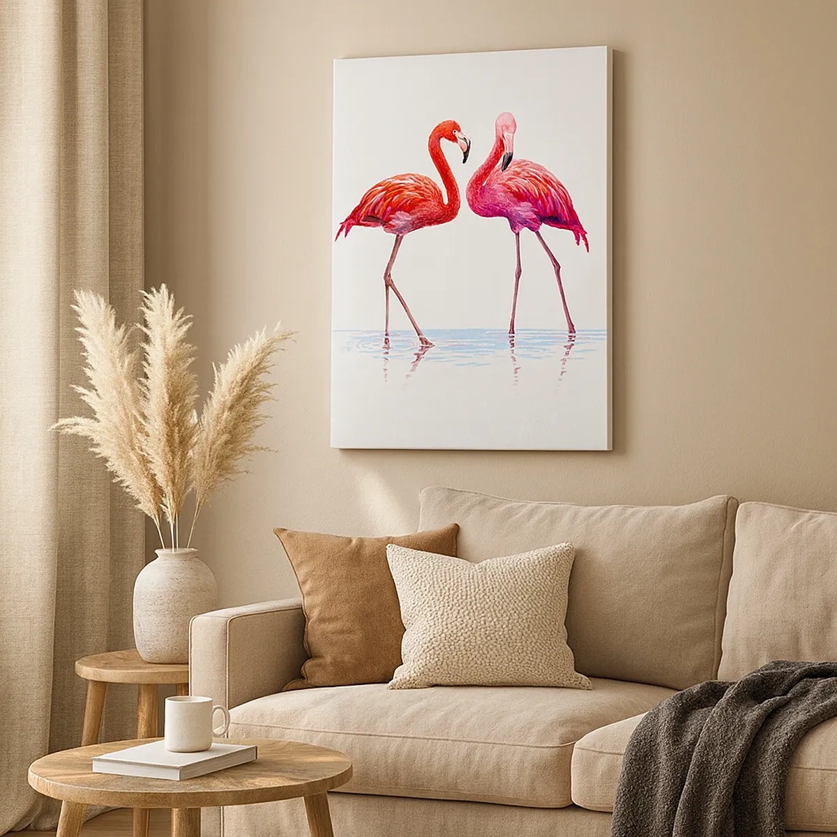 Bild auf Leinwand - Leinwandbild - Ein Flamingopaar im Wasser vor hellem Hintergrund - 50x70cm - Rosa randez-vous - Moderne Wanddekoration für Wohnzimmer und Schlafzimmer ARTTOR