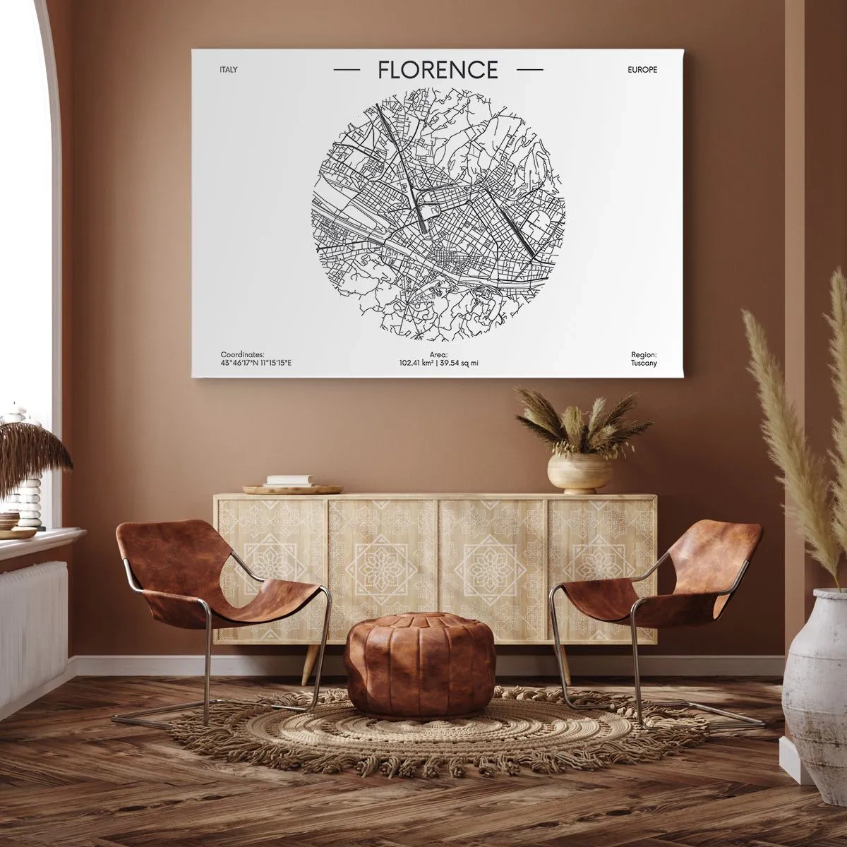 Bild auf Leinwand - Leinwandbild - Eine Karte von Florenz im minimalistischen Schwarz-Weiß-Stil - 70x50cm - Anatomie von Florenz - Moderne Wanddekoration für Wohnzimmer und Schlafzimmer ARTTOR
