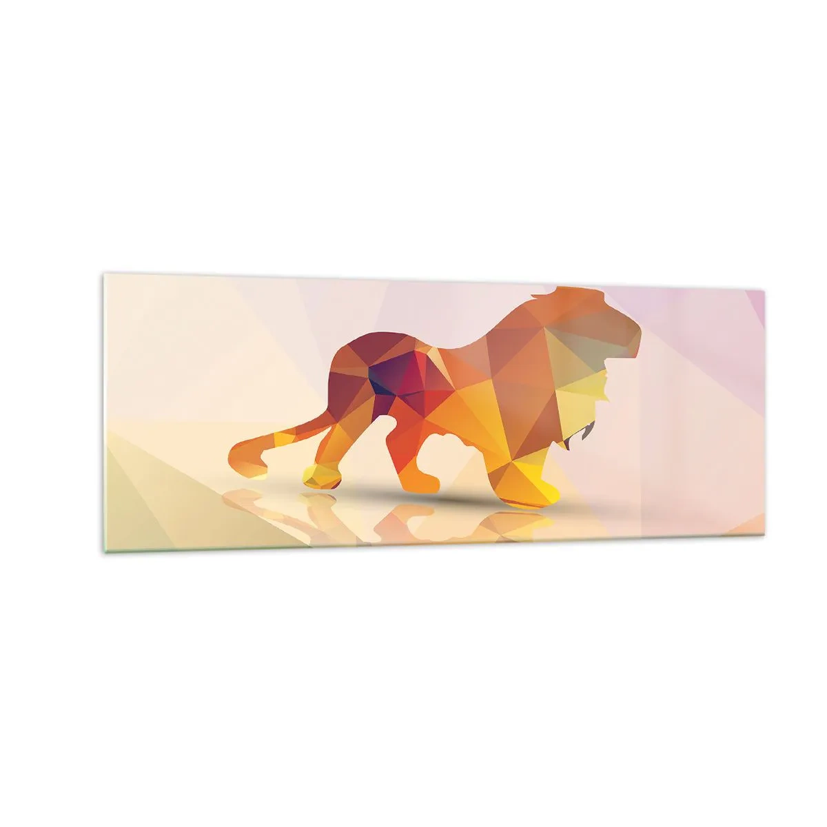 Glasbild - Bild auf glas - Geometrische Silhouette eines Löwen in Gelb- und Orangetönen - 140x50cm - Der Diamantenkönig - Moderne Wanddekoration für Wohnzimmer und Schlafzimmer ARTTOR