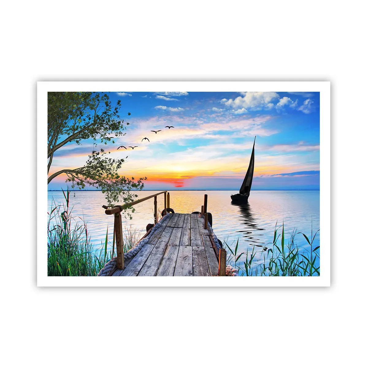 Poster - Seepier mit Boot und Sonnenuntergang - 100x70cm - Guten Abend - Moderne Wanddekoration für Wohnzimmer und Schlafzimmer ARTTOR