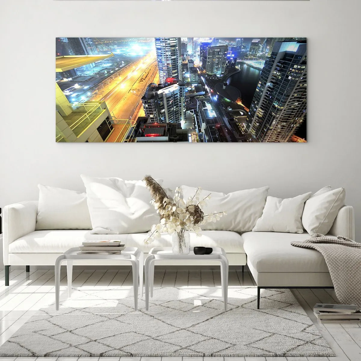 Glasbild - Bild auf glas - Panorama der nächtlichen Stadt mit beleuchteten Wolkenkratzern - 140x50cm - Ein Wunder in der Wüste - Moderne Wanddekoration für Wohnzimmer und Schlafzimmer ARTTOR