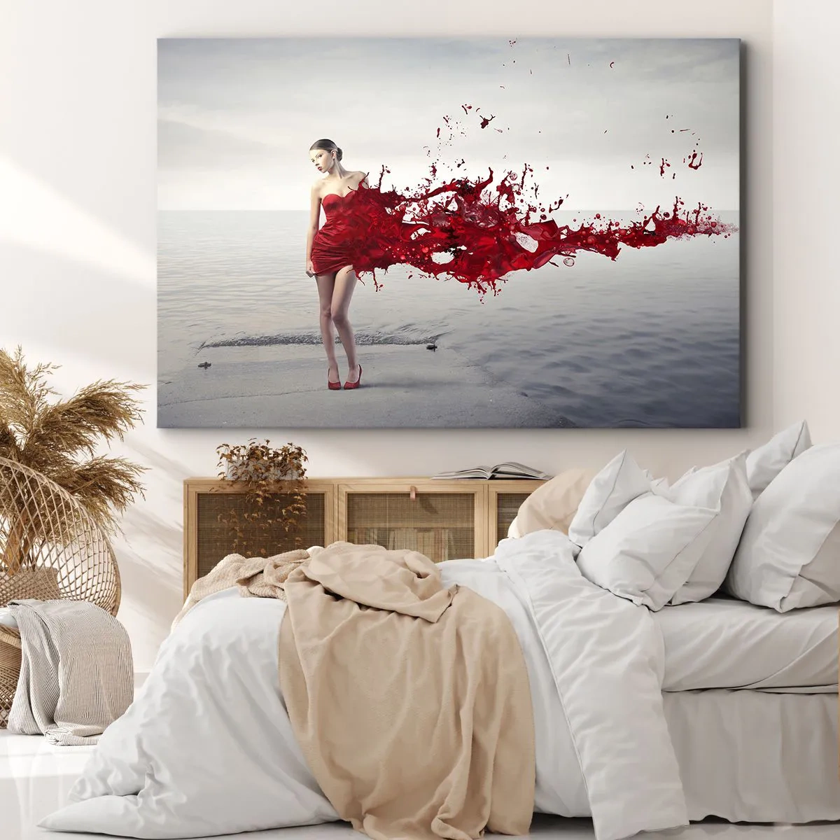 Bild auf Leinwand - Leinwandbild - Eine Frau in einem roten Kleid in einer künstlerischen Komposition am Wasser - 100x70cm - Leidenschaftlich wie Scharlach - Moderne Wanddekoration für Wohnzimmer und Schlafzimmer ARTTOR