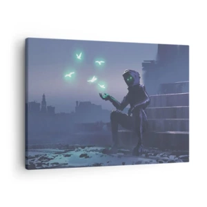 Bild auf Leinwand - Leinwandbild - Eine vermummte Figur mit magischen Vögeln im Hintergrund einer Stadt - 70x50cm - Das Leben wird zurückkommen - Moderne Wanddekoration für Wohnzimmer und Schlafzimmer ARTTOR