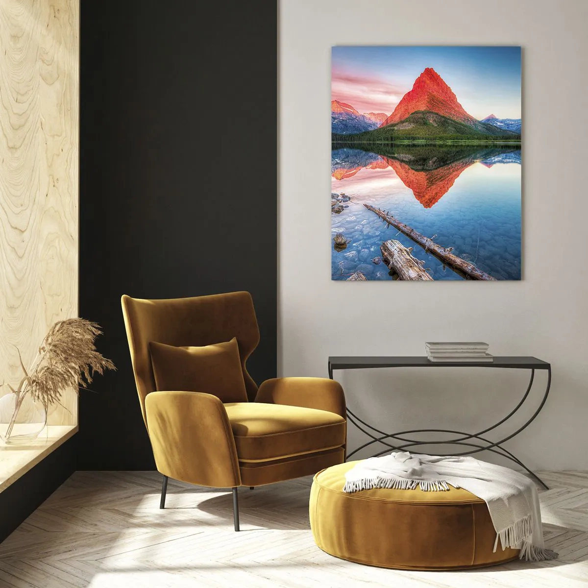 Glasbild - Bild auf glas - Ein Berg, der sich bei Sonnenuntergang in einem See spiegelt - 70x100cm - Hitze und Kälte - Moderne Wanddekoration für Wohnzimmer und Schlafzimmer ARTTOR
