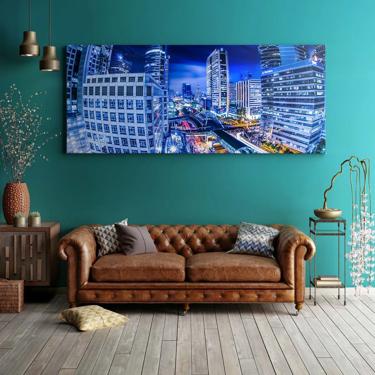 Bild auf Leinwand - Leinwandbild - Nachtstadtpanorama mit Wolkenkratzern und Straßenlaternen - 120x50cm - Rhythmen der Nachtstadt - Moderne Wanddekoration für Wohnzimmer und Schlafzimmer ARTTOR