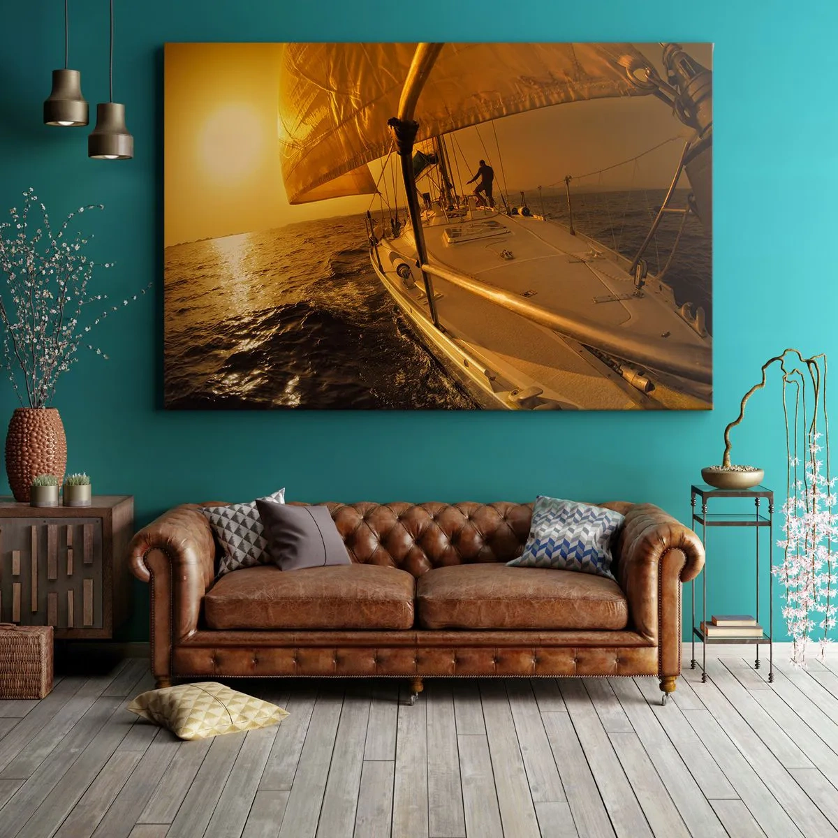 Bild auf Leinwand - Leinwandbild - Segelboot auf See bei Sonnenuntergang, goldener Schein. - 70x50cm - Ein goldener Abend nach einem bunten Tag - Moderne Wanddekoration für Wohnzimmer und Schlafzimmer ARTTOR