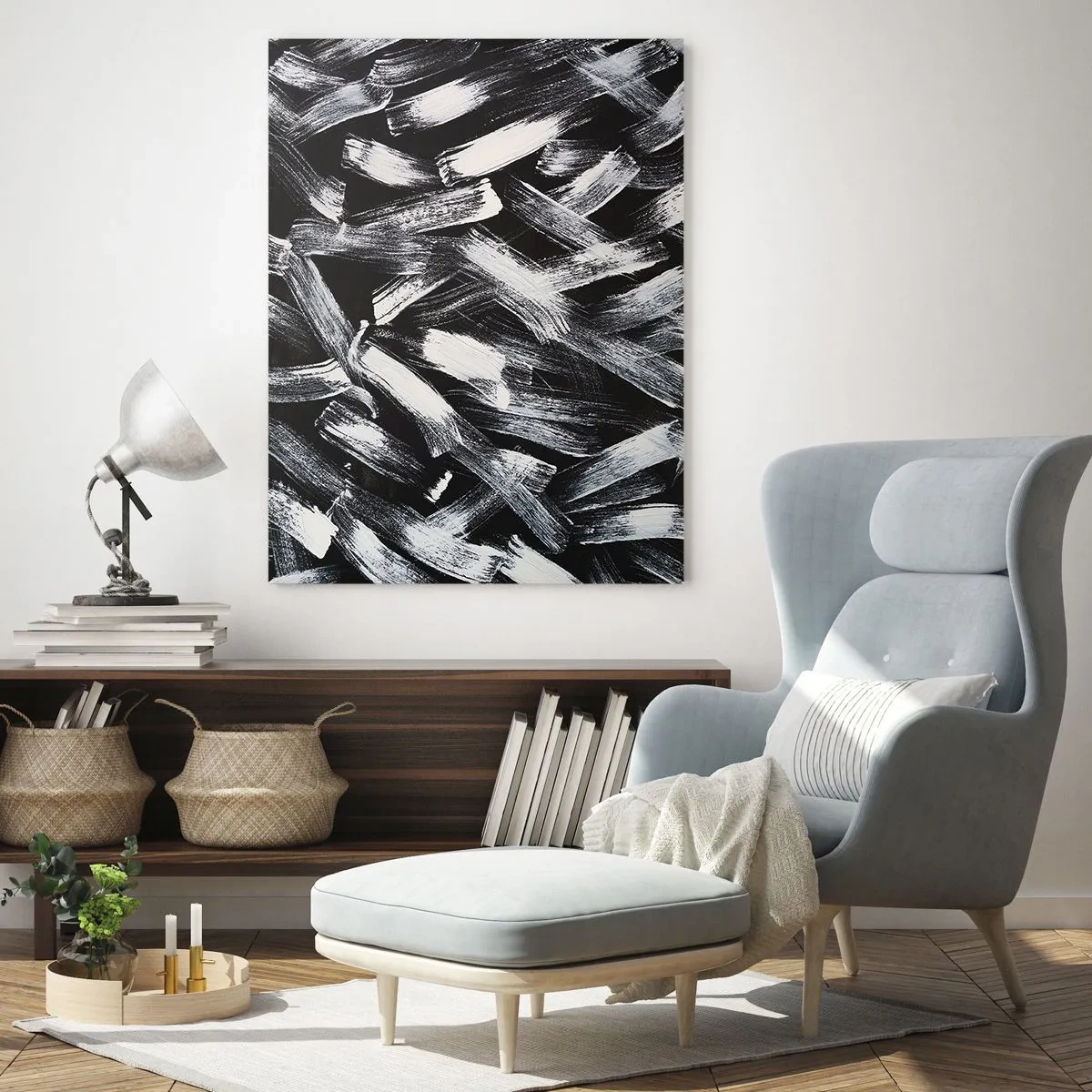 Glasbild - Bild auf glas - Dynamische Abstraktion mit weißen Pinselstrichen auf schwarzem Hintergrund. - 70x100cm - Abstraktion im industriellen Geist - Moderne Wanddekoration für Wohnzimmer und Schlafzimmer ARTTOR