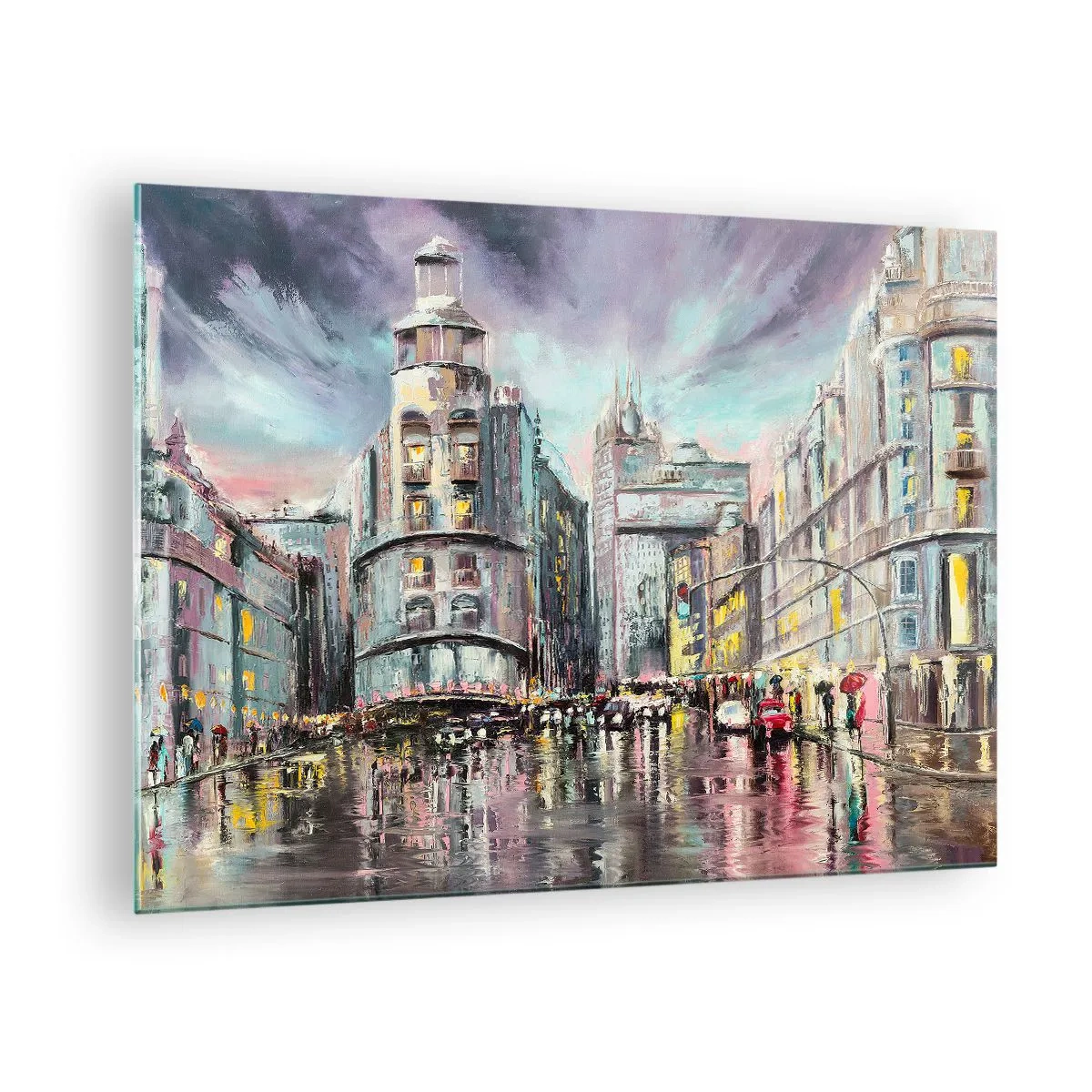 Glasbild - Bild auf glas - Eine Stadtstraße im Regen mit einer spektakulären Lichtreflexion - 70x50cm - Es wird ein gelungener Abend - Moderne Wanddekoration für Wohnzimmer und Schlafzimmer ARTTOR