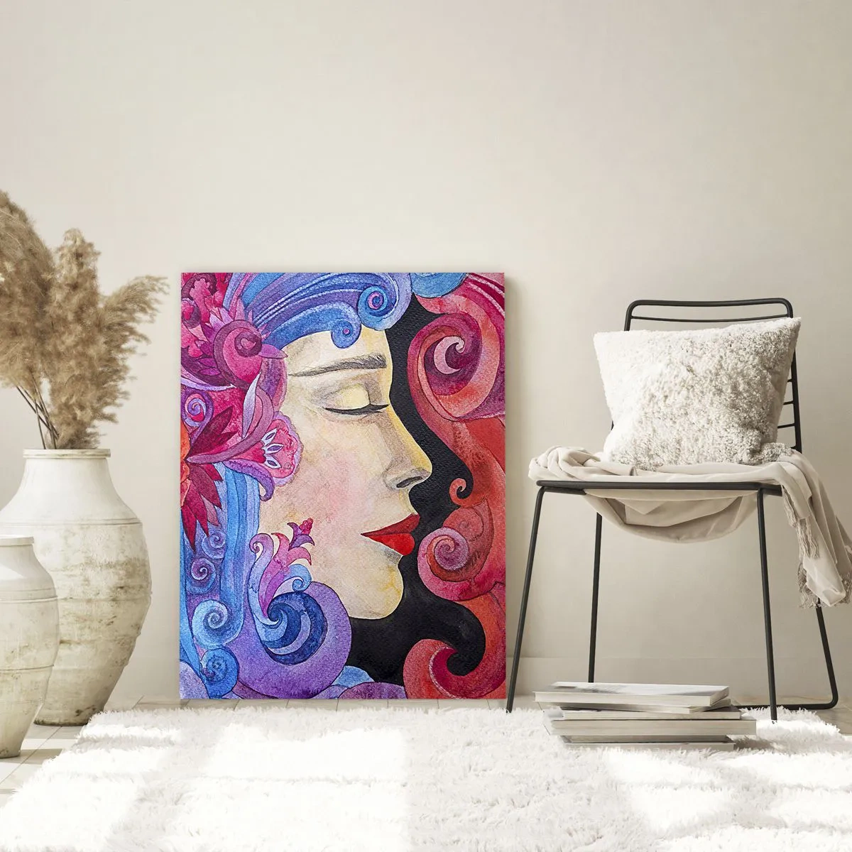 Glasbild - Bild auf glas - Farbenfrohes Frauenporträt im Jugendstil mit reicher Ornamentik - 50x70cm - Der Jugendstil lebt noch - Moderne Wanddekoration für Wohnzimmer und Schlafzimmer ARTTOR