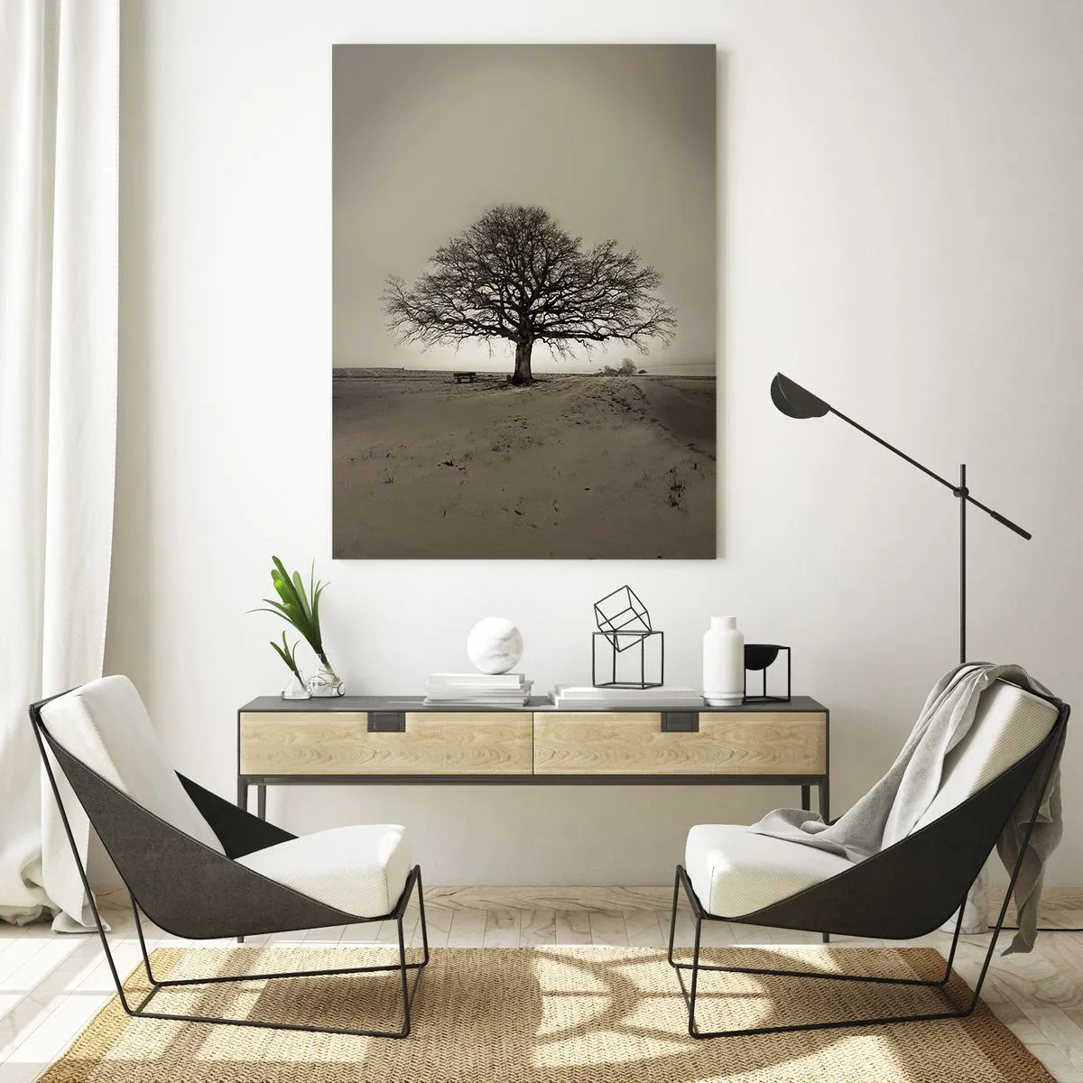 Glasbild - Bild auf glas - Ein einsamer Baum in einer monochromen Landschaft - 50x70cm - Von hier zu Ewigkeit - Moderne Wanddekoration für Wohnzimmer und Schlafzimmer ARTTOR
