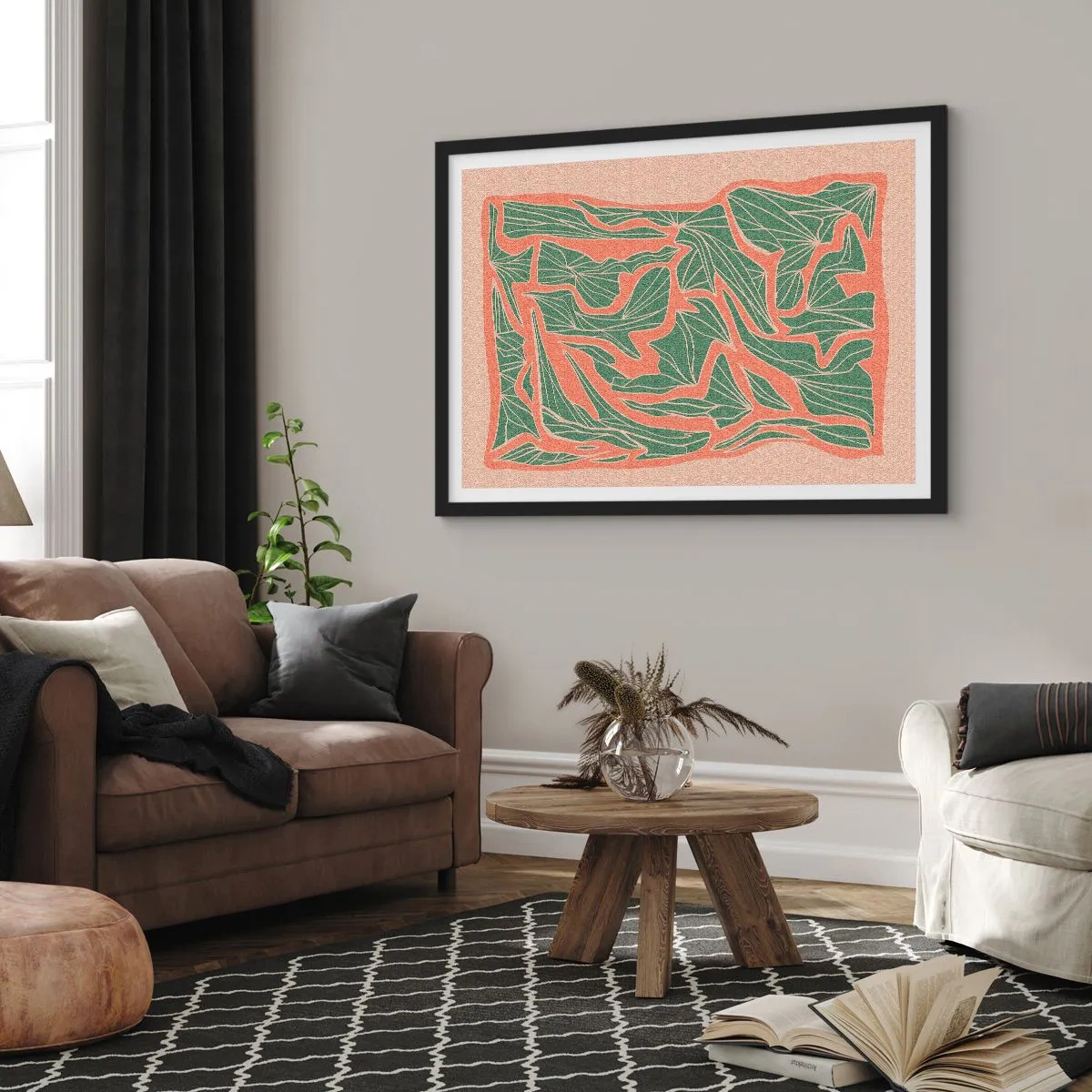 Poster in einem schwarzem Rahmen - Ein Pflanzenmuster in Grün- und Orangetönen - 70x50cm - Kampf zwischen Korallen und Grün - Moderne Wanddekoration für Wohnzimmer und Schlafzimmer ARTTOR