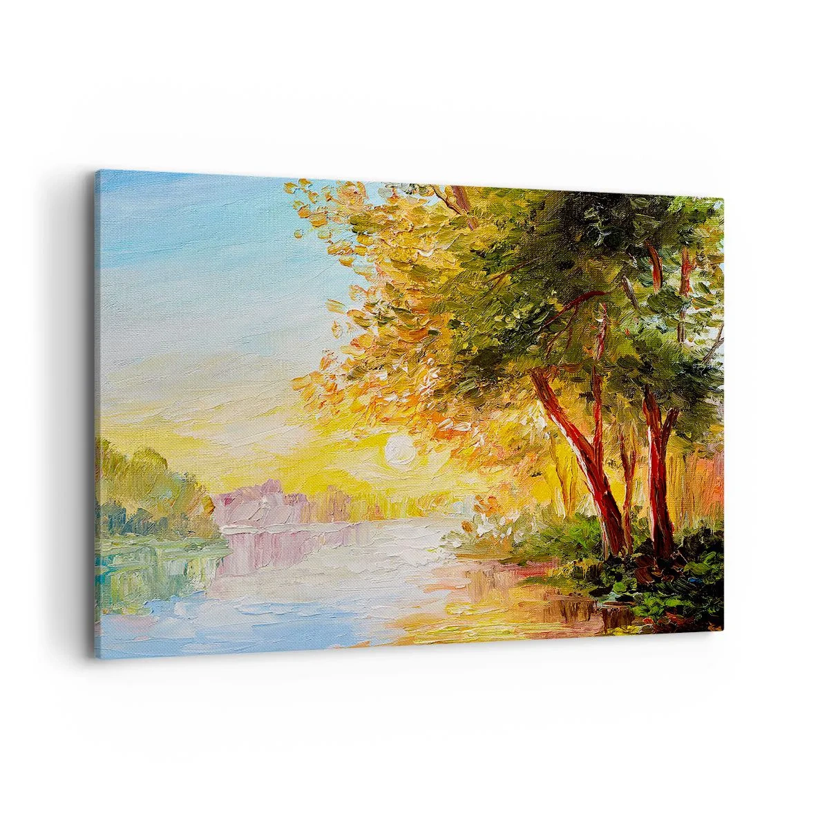 Bild auf Leinwand - Leinwandbild - Eine malerische Landschaft mit einem Fluss und Bäumen bei Sonnenuntergang - 100x70cm - Et in Arcadia ego - Moderne Wanddekoration für Wohnzimmer und Schlafzimmer ARTTOR